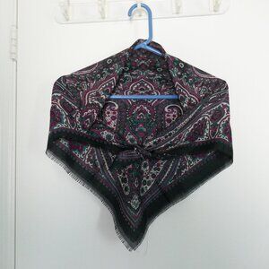 vintage 80s black/ multicolor paisley square scarf with fringed border